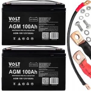 Zniżka Akumulatory AGM 12V 100Ah zestaw 2 sztuk + przewód łączeniowy 35 cm VOLT POLSKA
