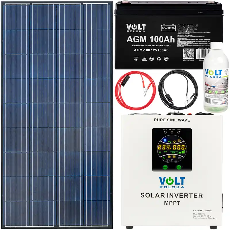 Gotowy zestaw fotowoltaiczny 140w 100Ah (panel solarny, przetwornica 1000s, akumulator, przewody) + płyn VOLT POLSKA Do wyczerpania zapasów