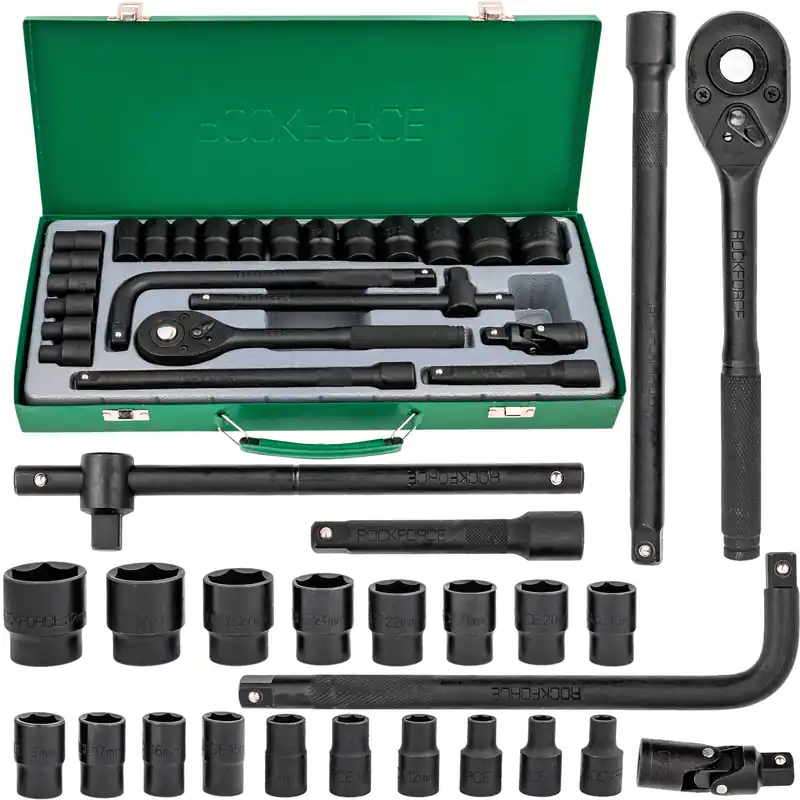 Klucze nasadowe nasadki grzechotka zestaw 1/2" 24el 8-32 mm walizka metalowa ROCKFORCE Nie przegap