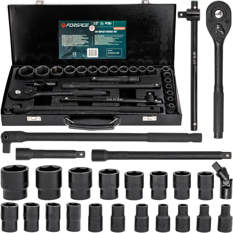 Najlepsza cena Klucze nasadowe nasadki grzechotka zestaw 1/2" 25el 8-32 mm walizka metalowa FORSAGE