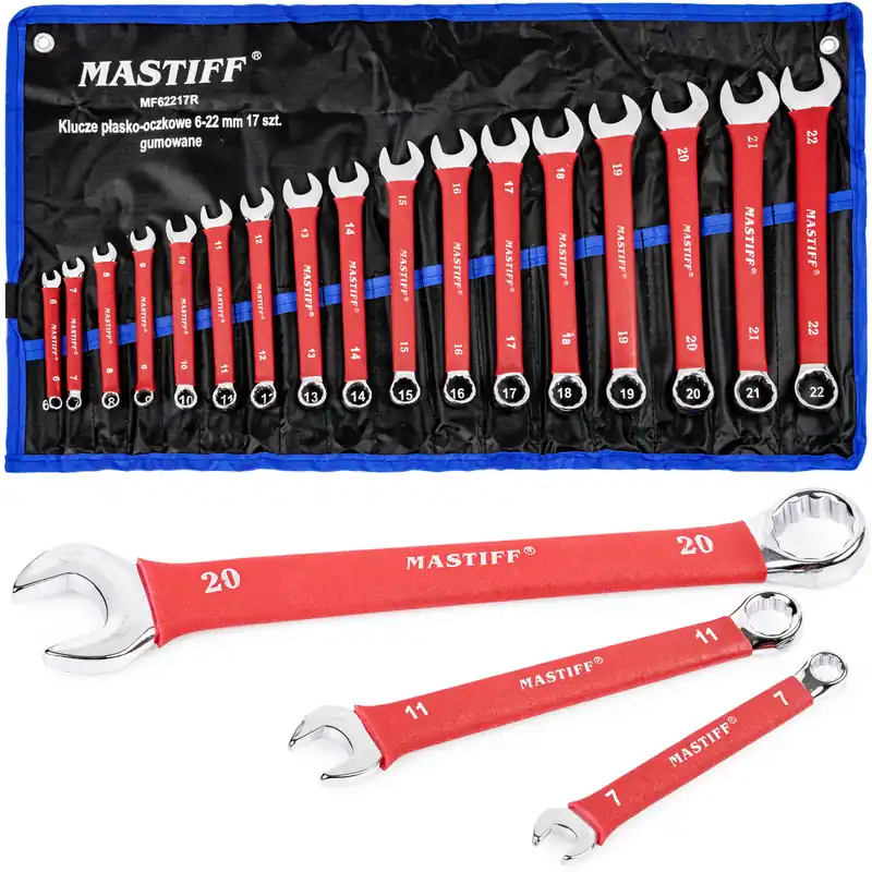 Promocja Klucze płasko oczkowe płaskie gumowane zestaw płachta 6-22 mm 17el MASTIFF