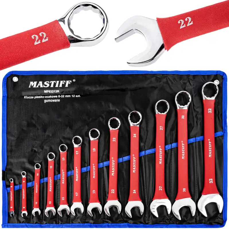 Tani Klucze płasko oczkowe płaskie gumowane zestaw płachta 6-32 mm 12el MASTIFF