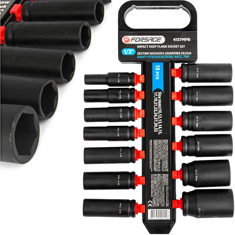 Nasadki udarowe długie klucze nasadowe CRV mocne zestaw 1/2" 10-32 mm 13el FORSAGE Obniżka ceny