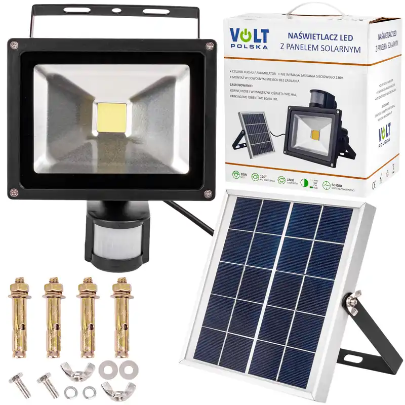 Tani Naświetlacz Lampa LED z czujnikiem ruchu + Panel solarny 20W VOLT POLSKA