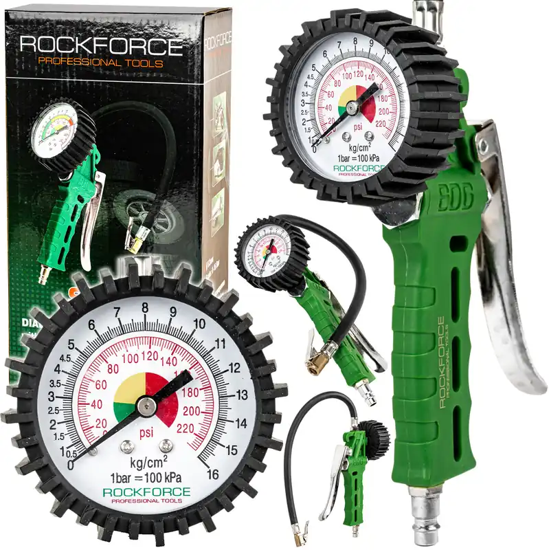 Nowy Pistolet do pompowania kół opon z manometrem manometr pompka wąż 16 bar ROCKFORCE