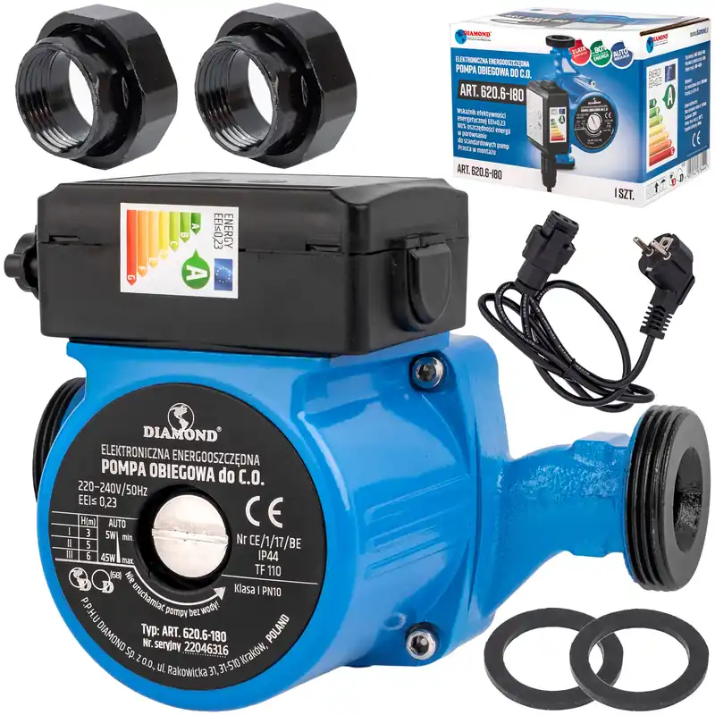 Taniej Pompa cyrkulacyjna obiegowa do pieca C.O. 25-60/180 + śrubunki 5-45W DIAMOND