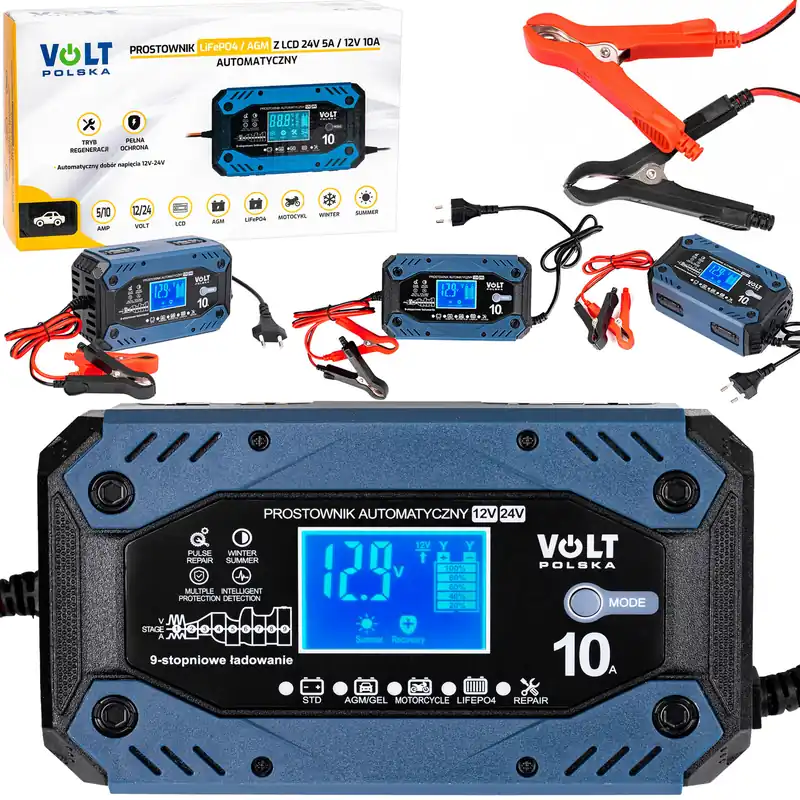 Dodaj do koszyka Prostownik ładowarka do akumulatora agm lifepo4 lcd 12V 24V 5A 10A VOLT POLSKA