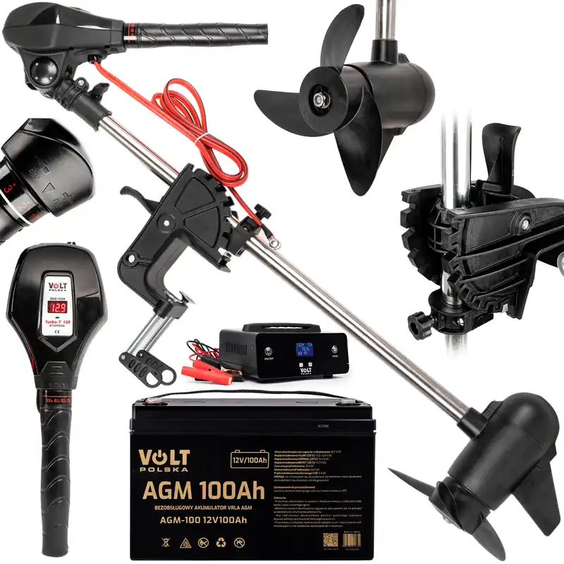 Bezpieczna płatność Silnik elektryczny bezszczotkowy zaburtowy do łodzi Turbo-T 120 DUO 12/24v z akumulatorem agm 12V 100ah i prostownikiem 12V/24V 15A VOLT POLSKA