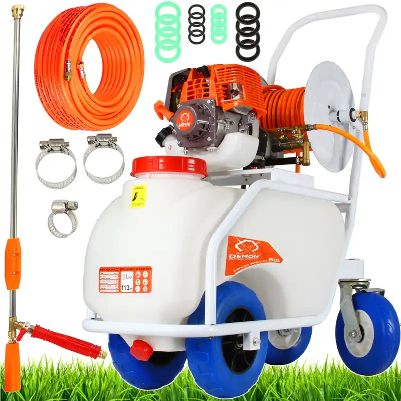 Spalinowy opryskiwacz wózkowy ze zwijaczem węża 50L DEMON Cena promocyjna