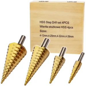 Szybka wysyłka Wiertła stożkowe stopniowe HSS tytanowe 4 sztuki (4-39 mm) SILVER