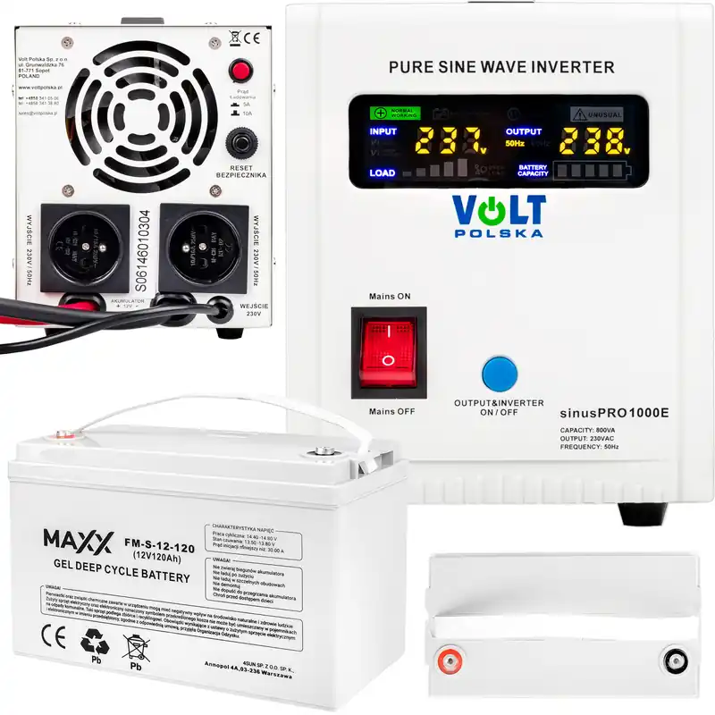 Zestaw awaryjne zasilanie przetwornica UPS SINUSPRO - 1000E 12V + Akumulator 120Ah 12V DEEP CYCLE GEL Rabat