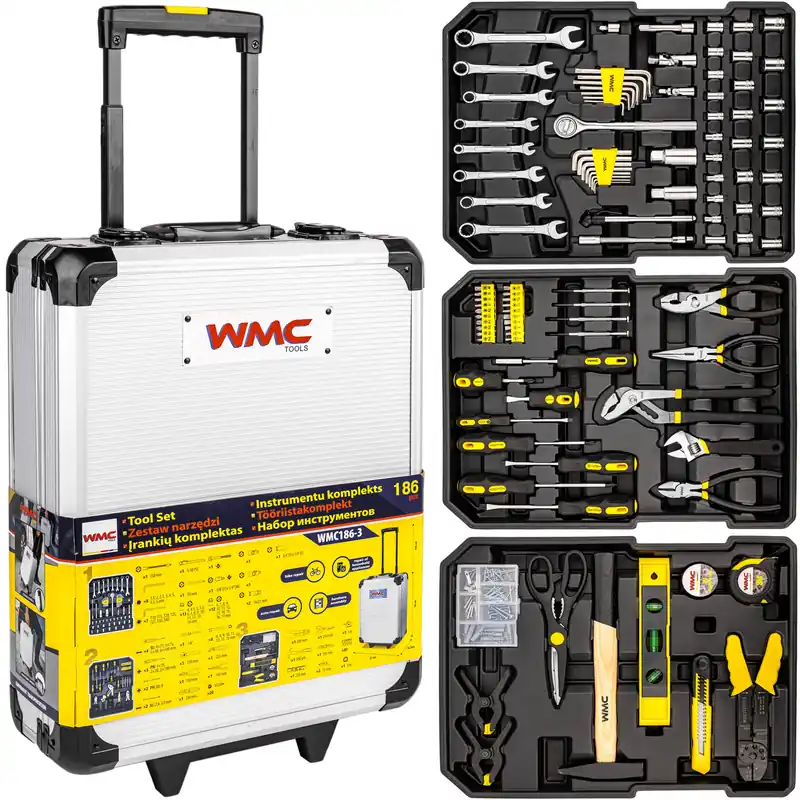 Zestaw narzędzi kluczy bitów nasadek skrzynia walizka na kółkach 186 el WMC Sprawdź teraz