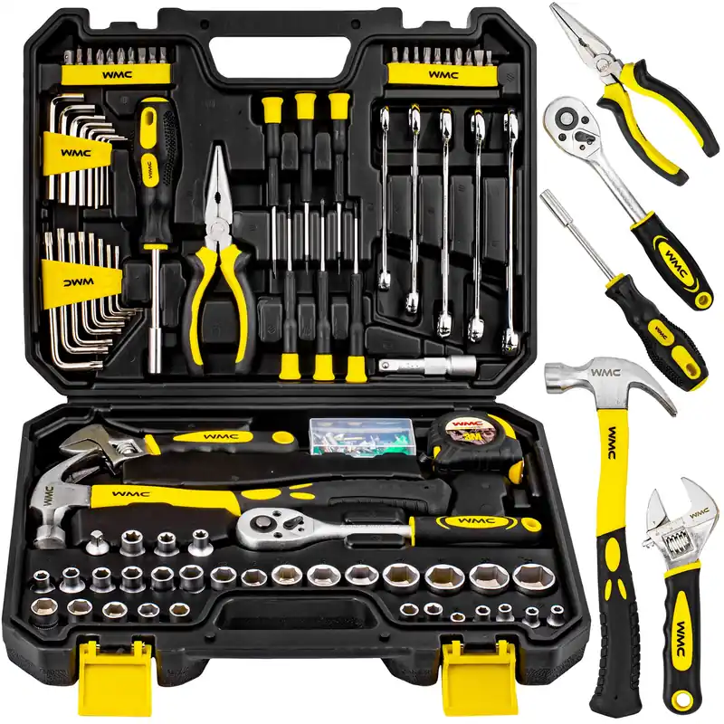 Tani Zestaw narzędziowy klucze nasadowe wkrętaki bity młotek 128 el. WMC