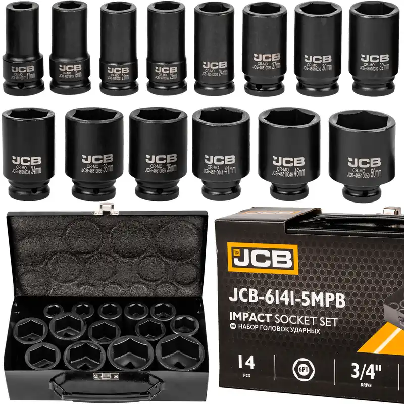 Nowość Zestaw nasadki udarowe głębokie do klucz pneumatyczny 3/4" 14el 17-50mm JCB