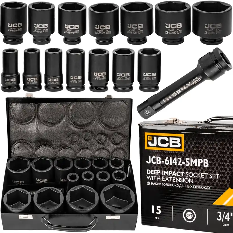 Oferta czasowa Zestaw nasadki udarowe głębokie do klucz pneumatyczny 3/4" 15el 17-65mm JCB